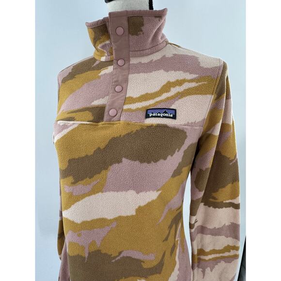 Patagonia Synchilla Pink Orange Gold Camo Pullover Fleece Jacket rare Small - Picture 1 of 8